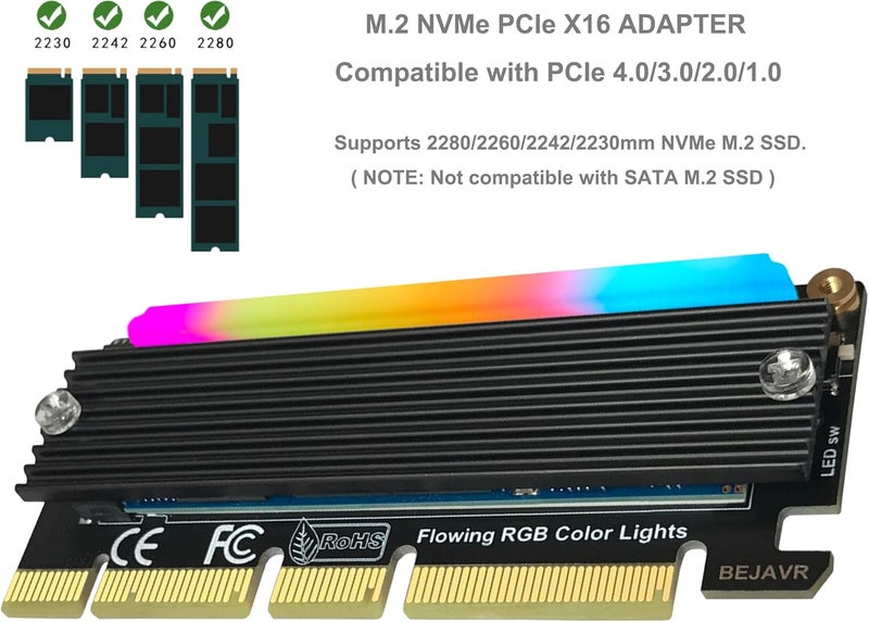 Bejavr بطاقة توسيع SSD مع محول M.2 PCIe NVMe مزودة بشريط ضوء RGB وحل مبرد من الألمنيوم، تدعم فتحات PCI-Express 3.0/4.0/5.0/X4/X8/X16. - Image 4